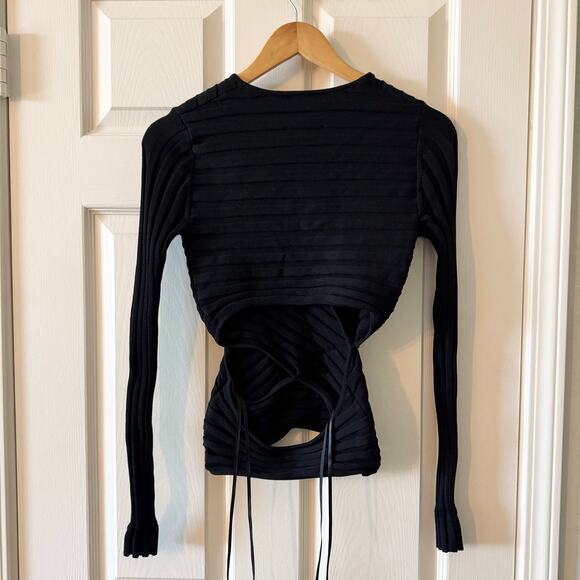 Cinq a Sept Black Titania Ribbed Wrap Front Cutout Top - Picture 6 of 7
